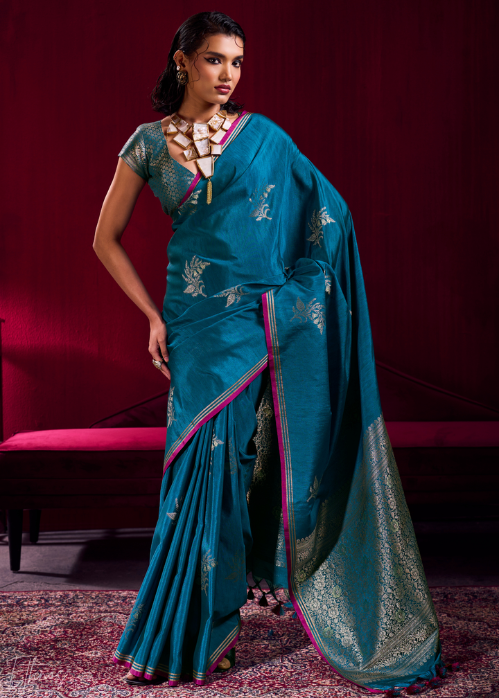 Teal Lotus Zari Satin Linen Silk Saree