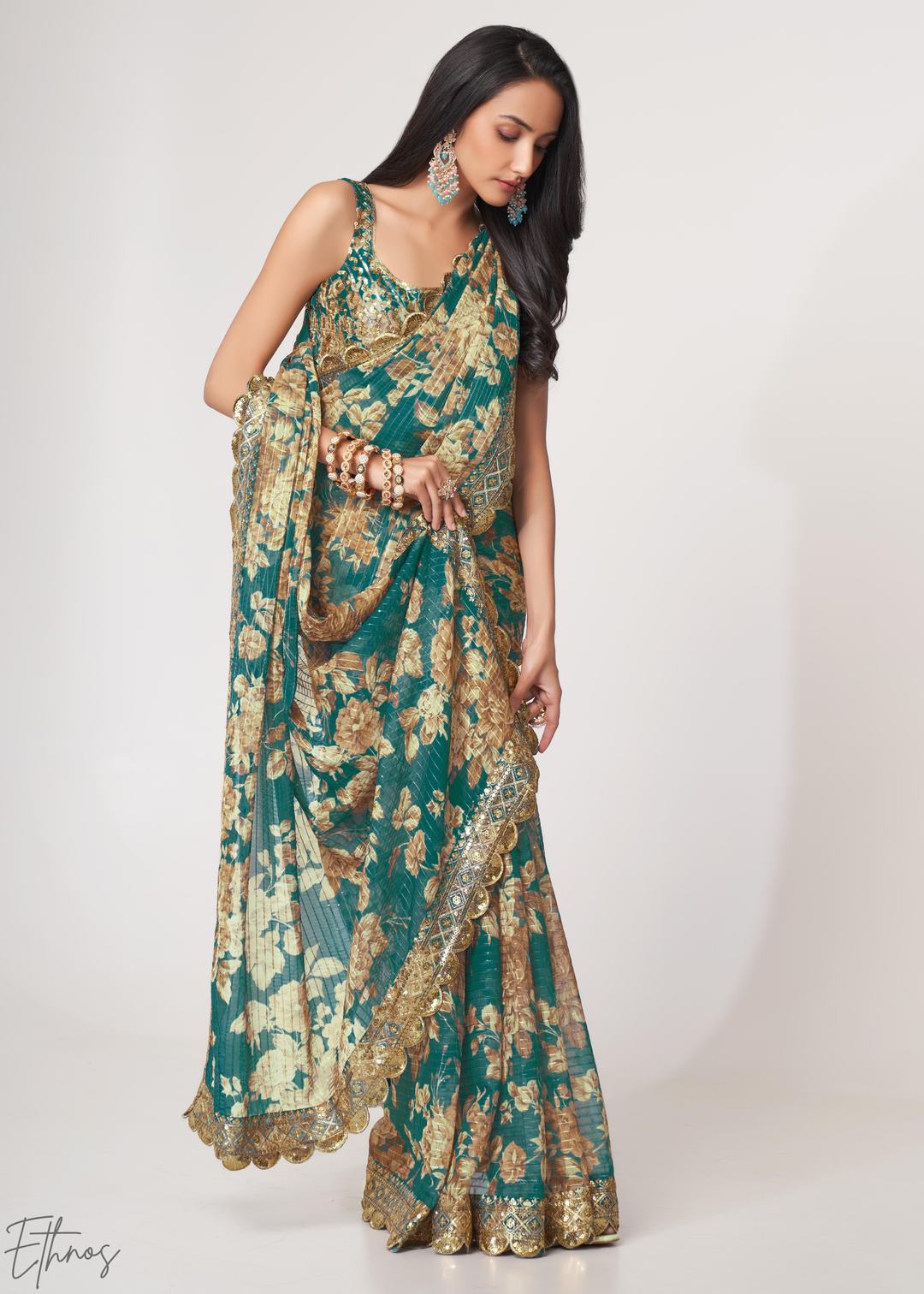 Teal Mint Rose Floral Print Organza Saree