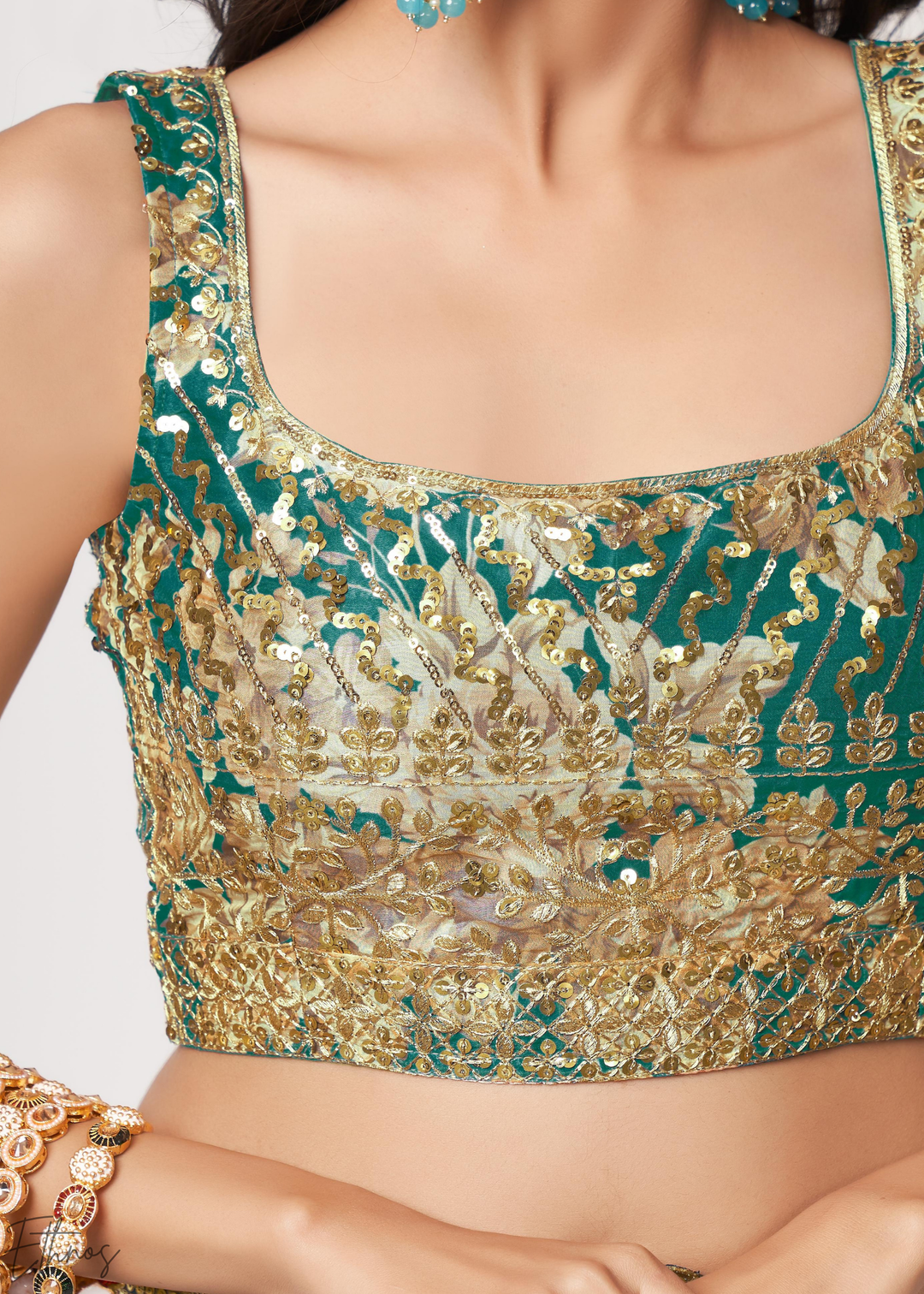 Teal Mint Rose Floral Print Organza Saree