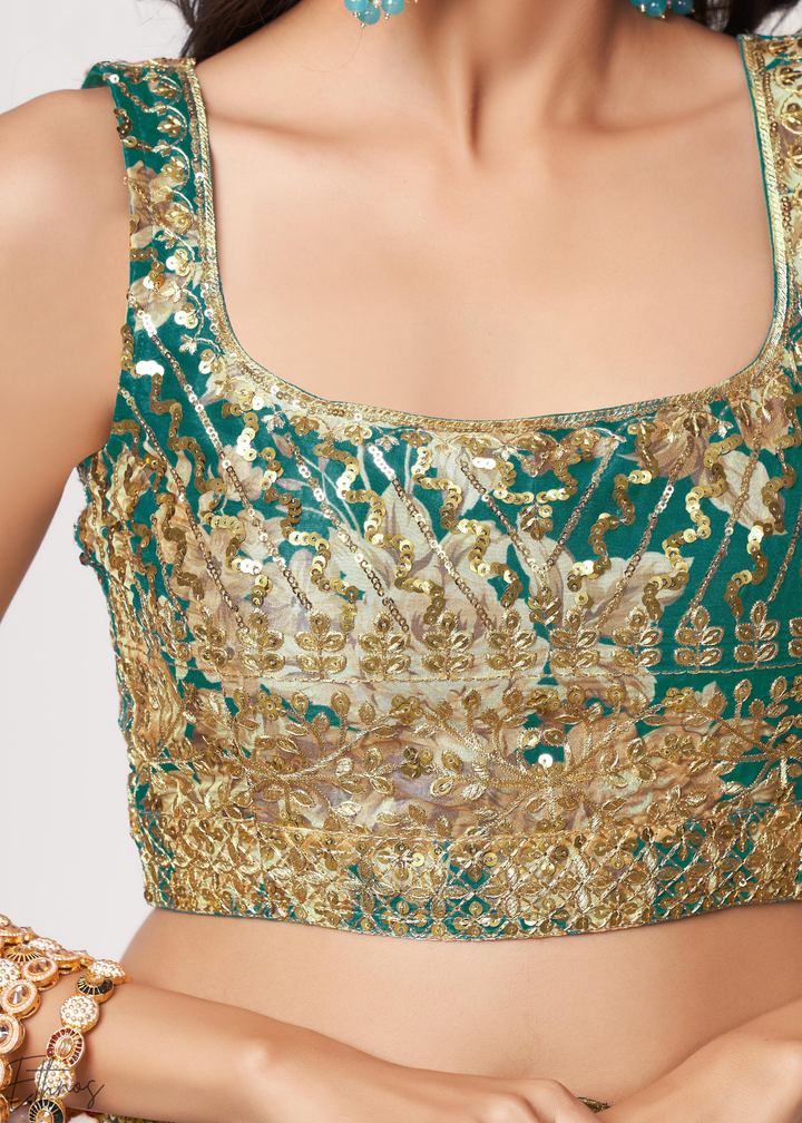 Teal Mint Rose Floral Print Organza Saree