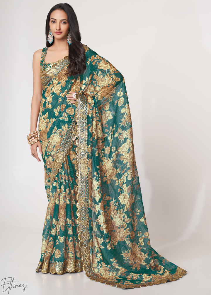 Teal Mint Rose Floral Print Organza Saree