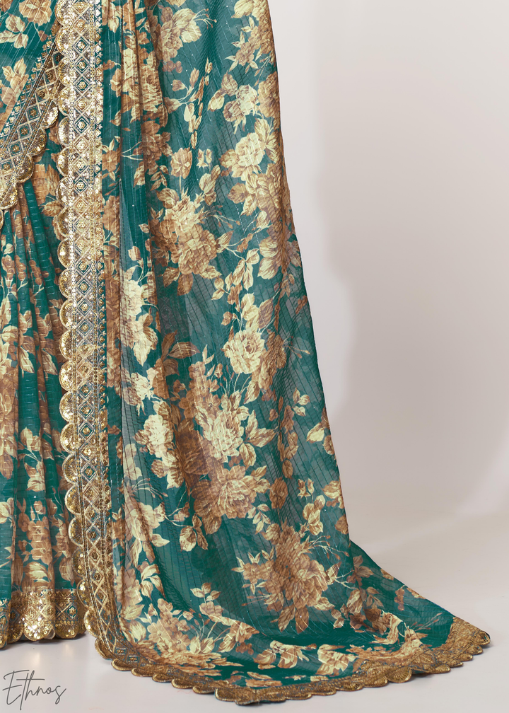 Teal Mint Rose Floral Print Organza Saree