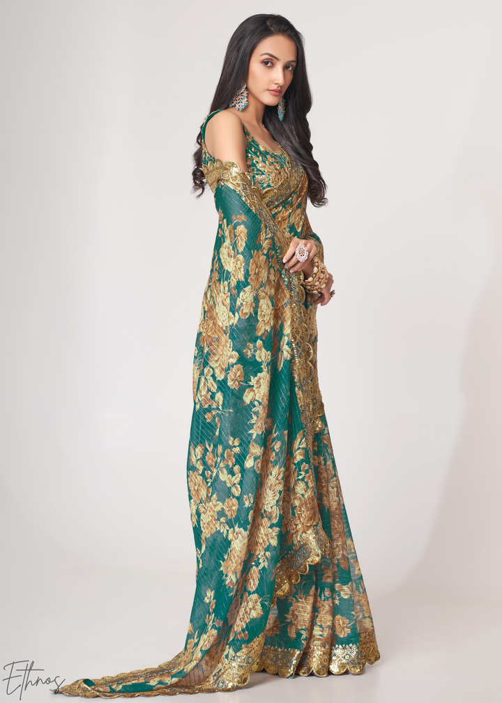 Teal Mint Rose Floral Print Organza Saree