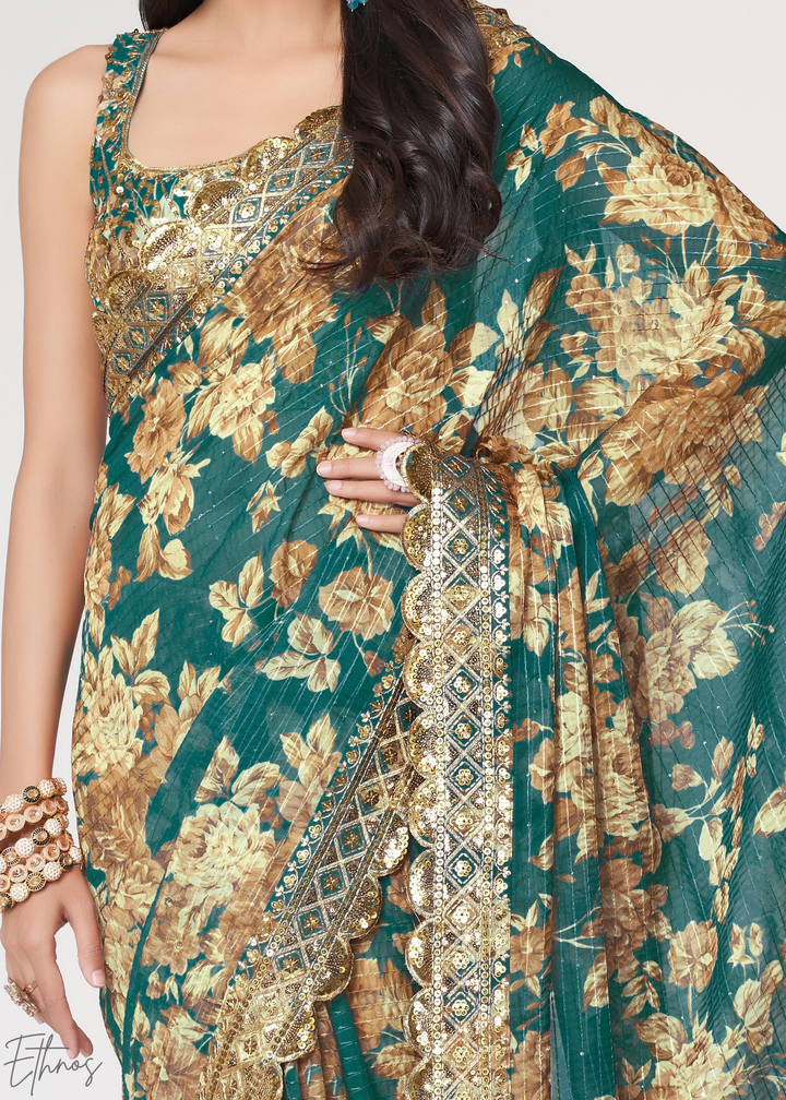 Teal Mint Rose Floral Print Organza Saree