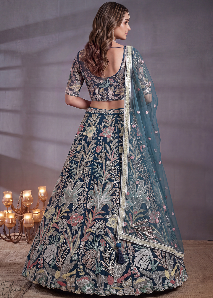 Teal Radiant Blossom Soft Net Lehenga Choli