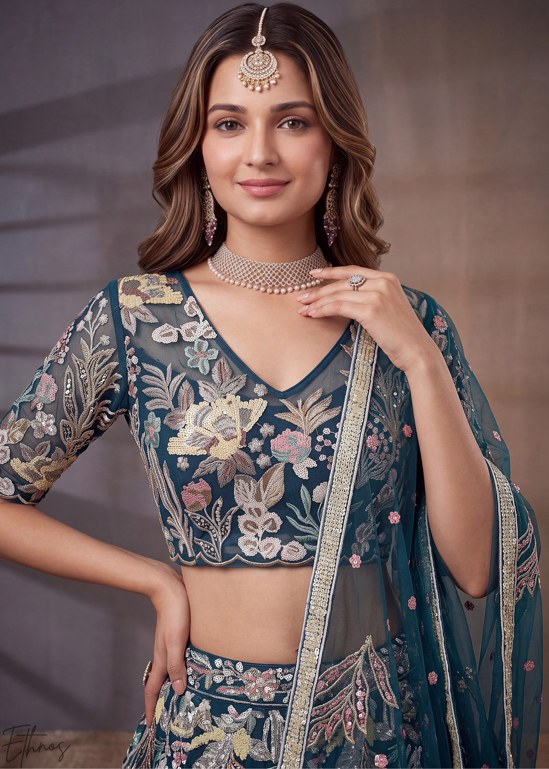 Teal Radiant Blossom Soft Net Lehenga Choli