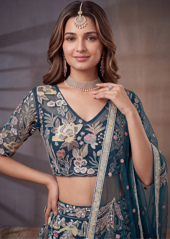 Teal Radiant Blossom Soft Net Lehenga Choli