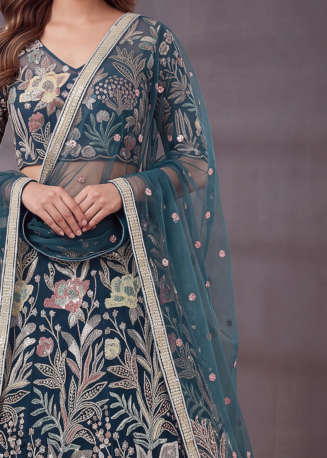 Teal Radiant Blossom Soft Net Lehenga Choli