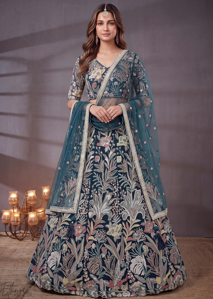 Teal Radiant Blossom Soft Net Lehenga Choli