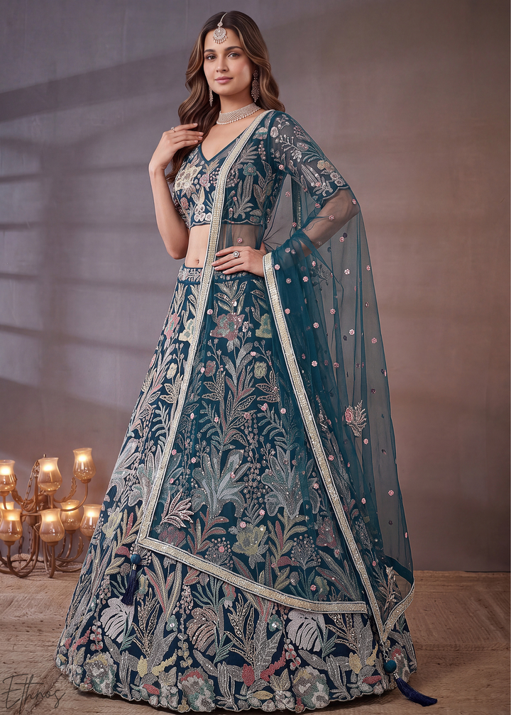 Teal Radiant Blossom Soft Net Lehenga Choli