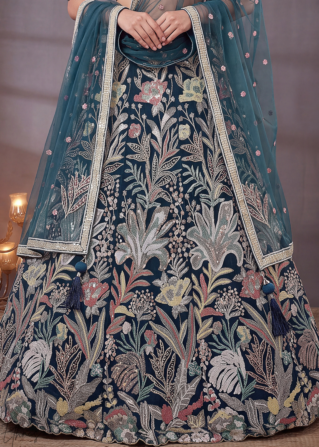 Teal Radiant Blossom Soft Net Lehenga Choli