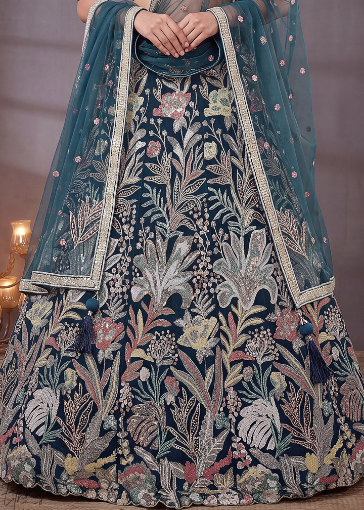 Teal Radiant Blossom Soft Net Lehenga Choli