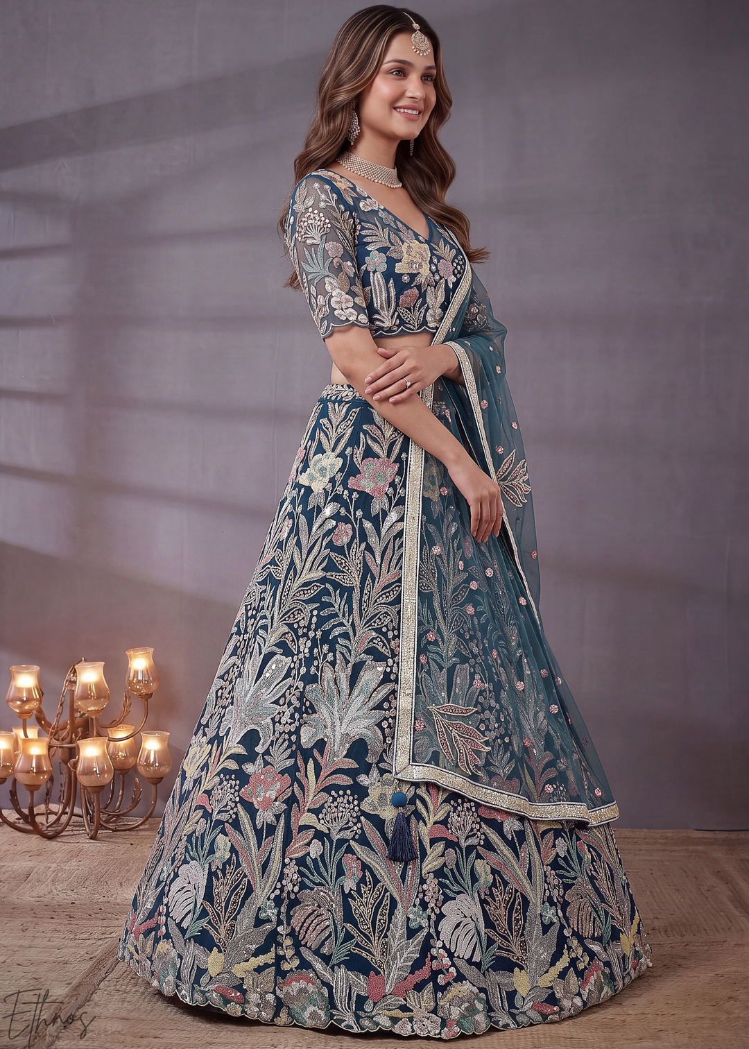 Teal Radiant Blossom Soft Net Lehenga Choli