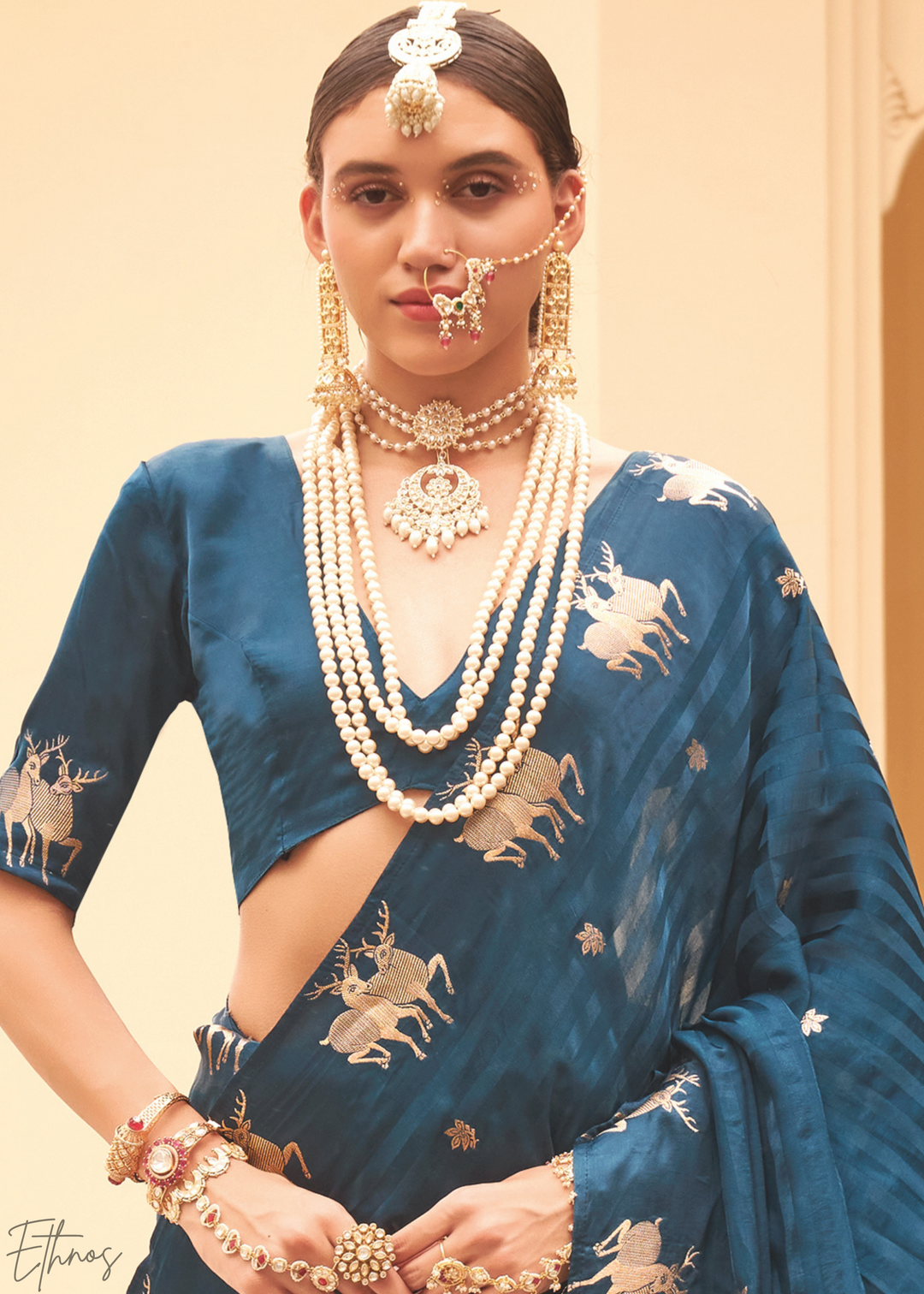 Teal Royal-Fawn Jacquard Poly-Viscose Saree