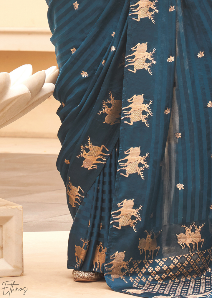 Teal Royal-Fawn Jacquard Poly-Viscose Saree