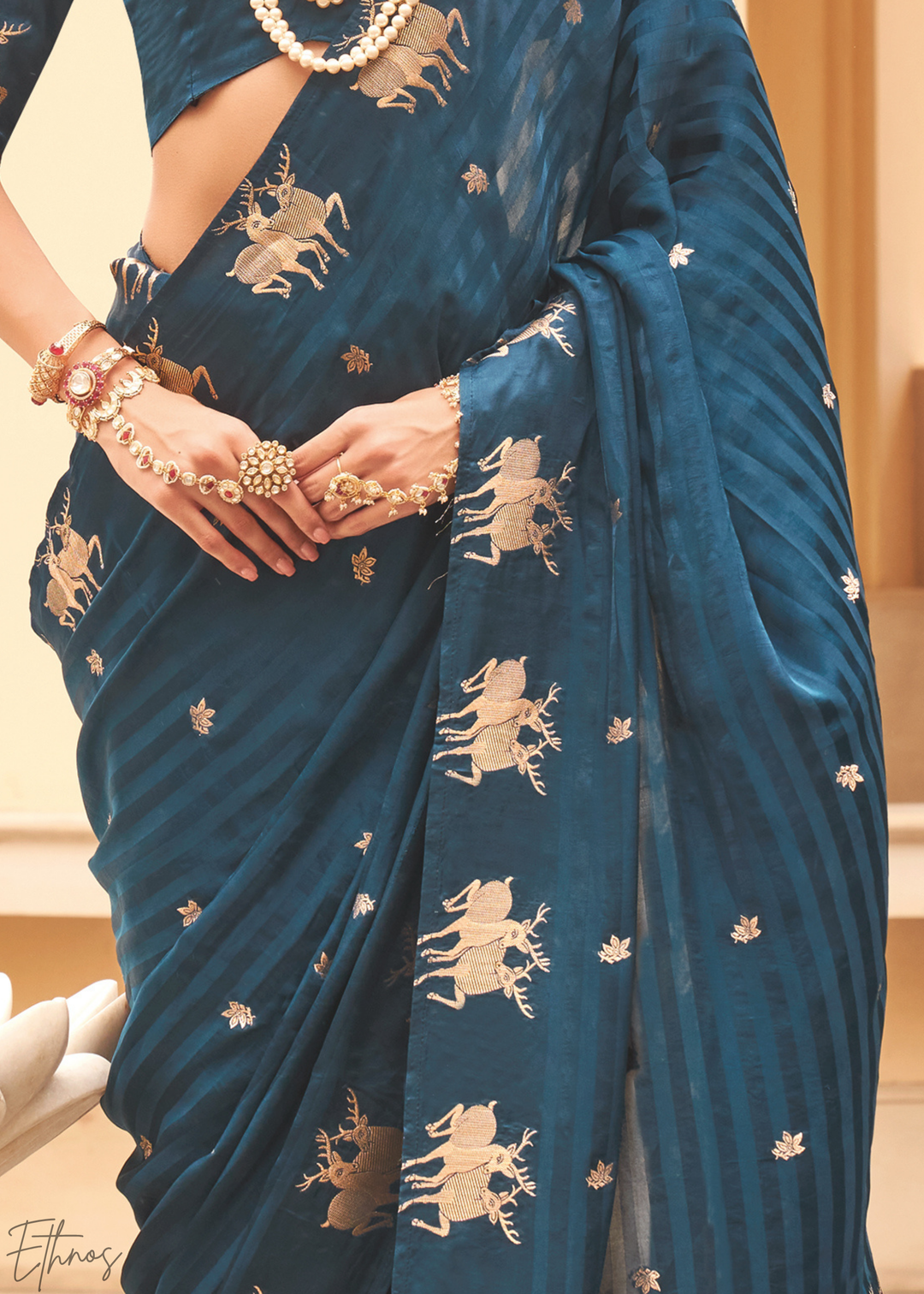 Teal Royal-Fawn Jacquard Poly-Viscose Saree
