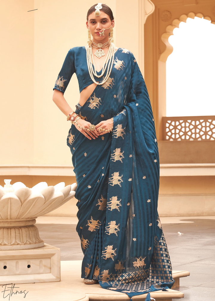 Teal Royal-Fawn Jacquard Poly-Viscose Saree