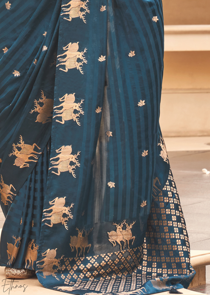 Teal Royal-Fawn Jacquard Poly-Viscose Saree