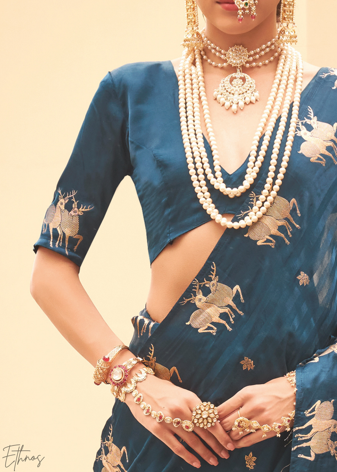 Teal Royal-Fawn Jacquard Poly-Viscose Saree