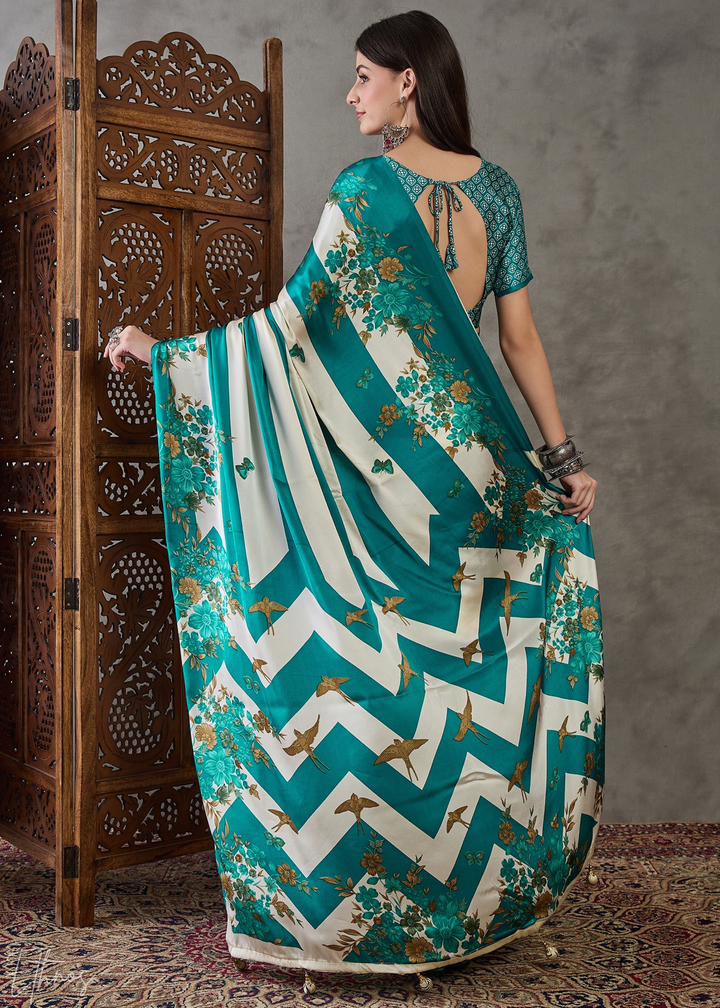 Teal Floral Striped Modal Silk Saree