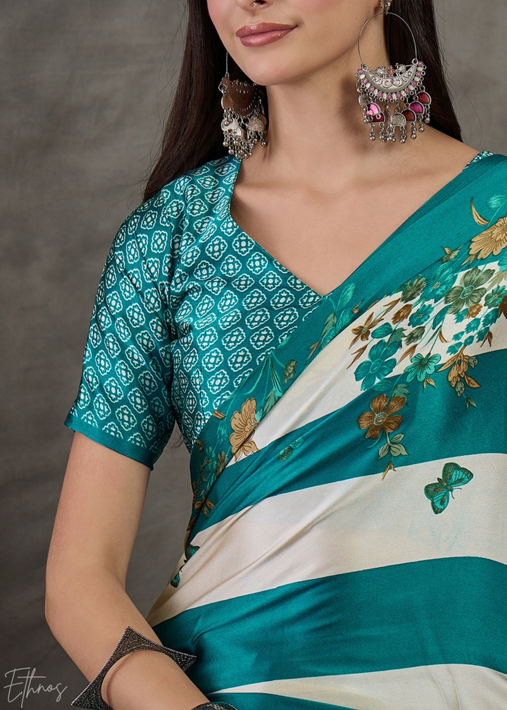 Teal Floral Striped Modal Silk Saree