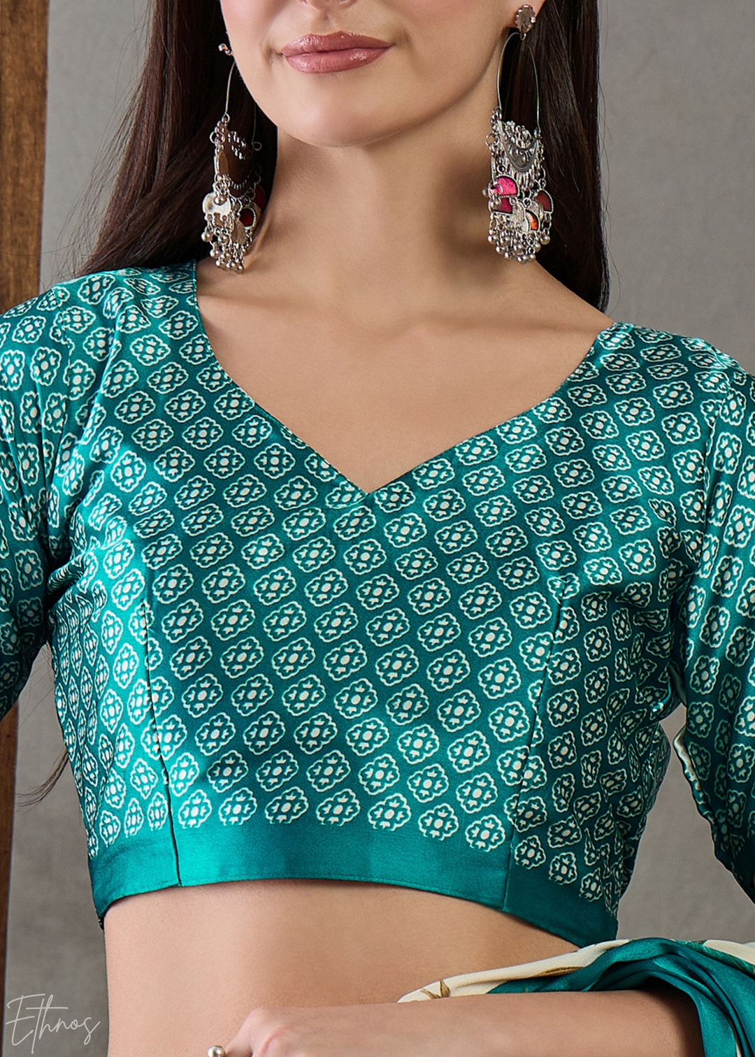 Teal Floral Striped Modal Silk Saree