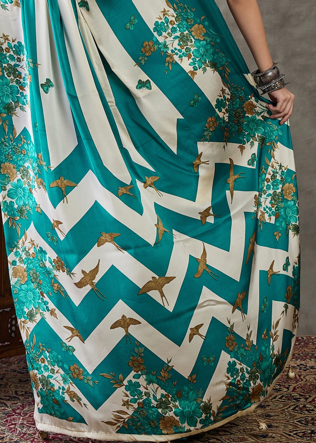 Teal Floral Striped Modal Silk Saree