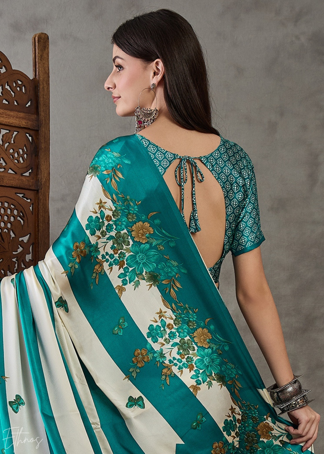 Teal Floral Striped Modal Silk Saree