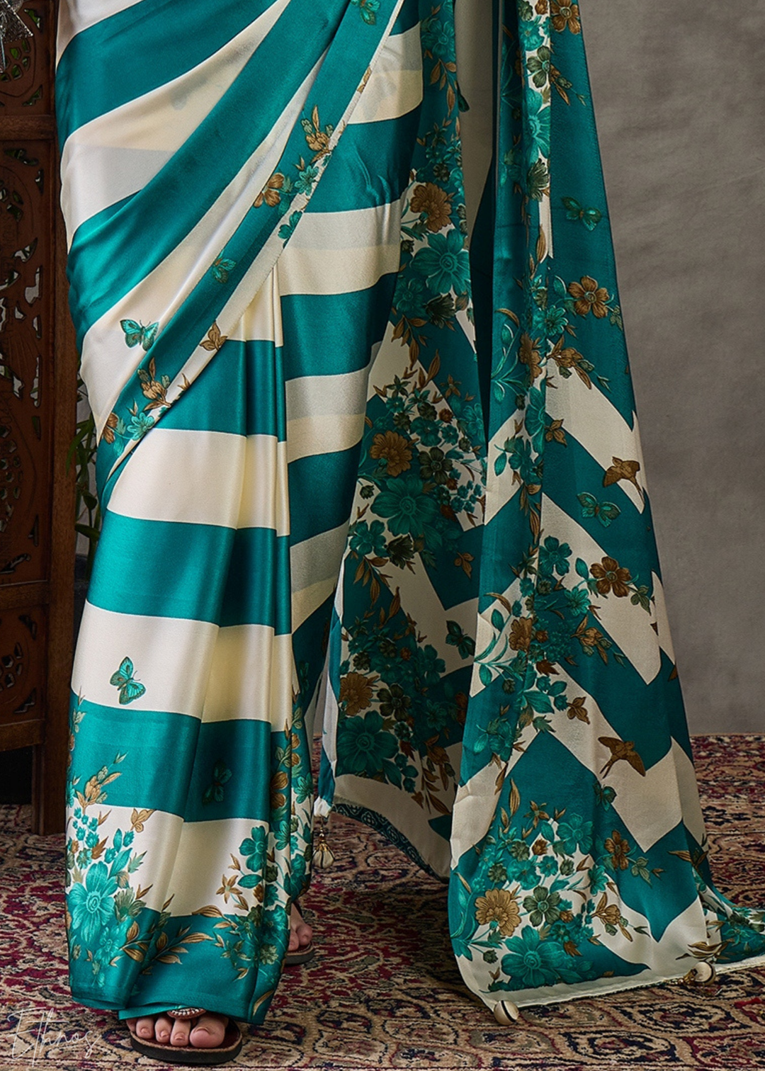 Teal Floral Striped Modal Silk Saree