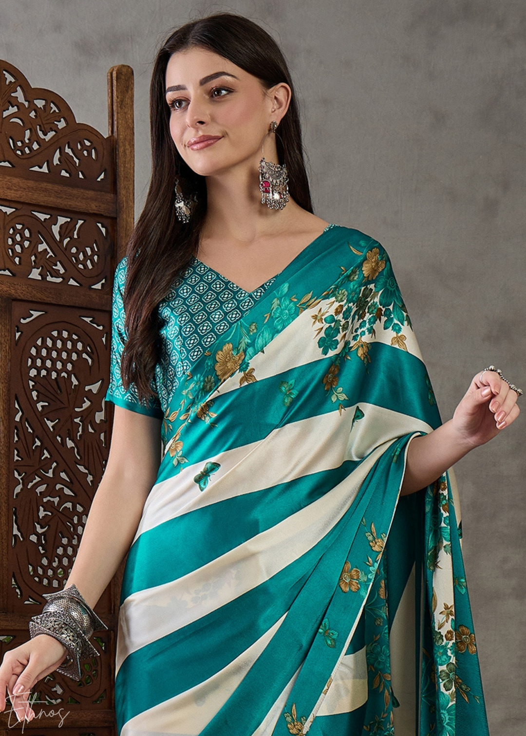 Teal Floral Striped Modal Silk Saree