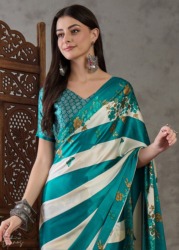 Teal Floral Striped Modal Silk Saree