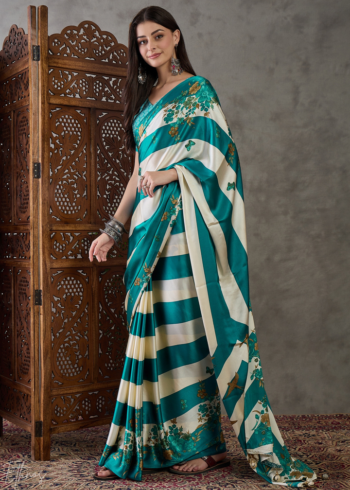 Teal Floral Striped Modal Silk Saree