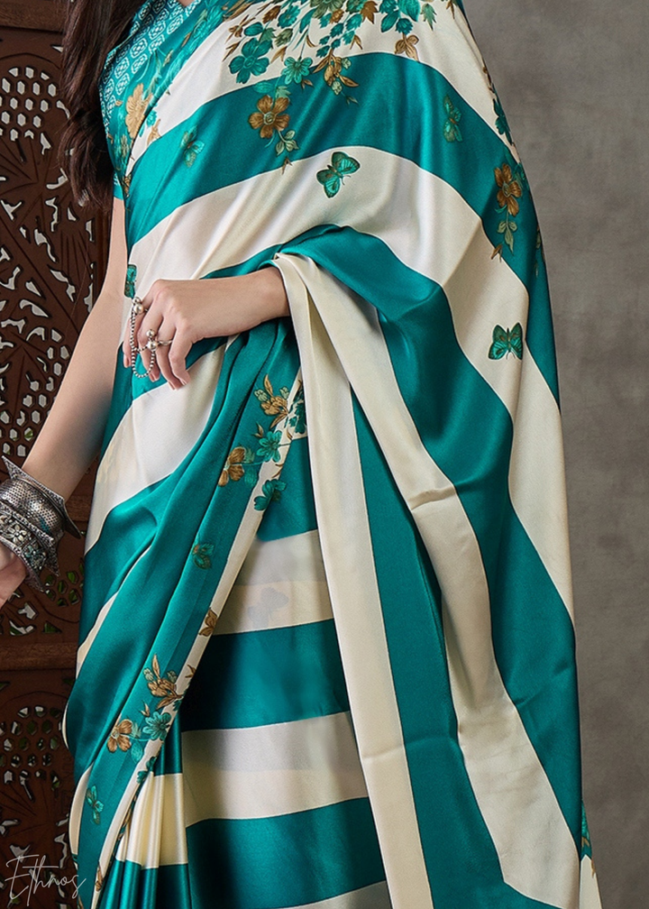 Teal Floral Striped Modal Silk Saree