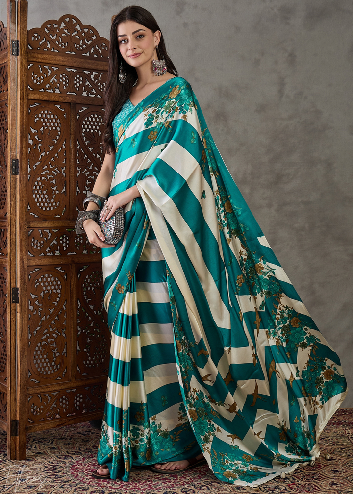 Teal Floral Striped Modal Silk Saree