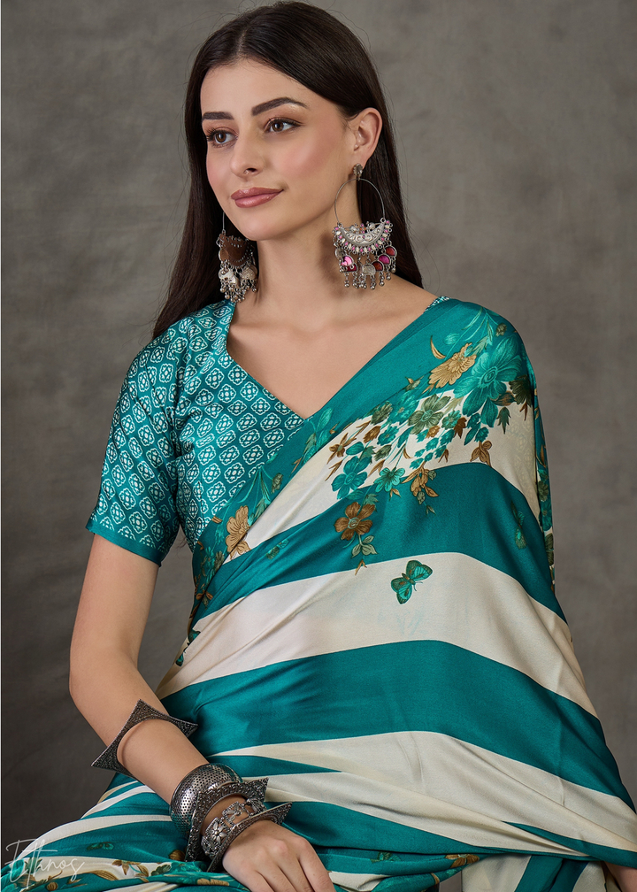 Teal Floral Striped Modal Silk Saree