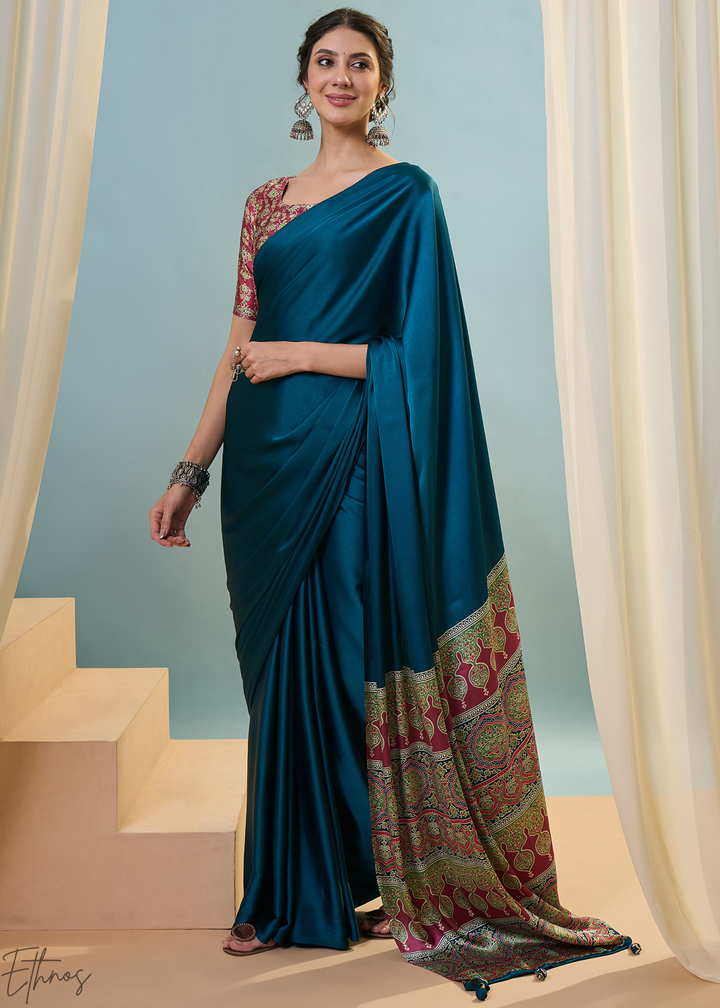 Teal Tourmaline Modal Silk Ajrakh Border Saree