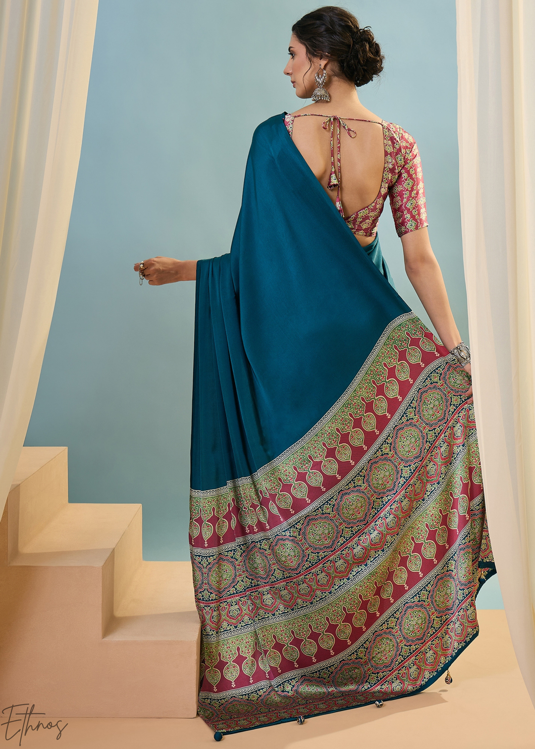 Teal Tourmaline Modal Silk Ajrakh Border Saree