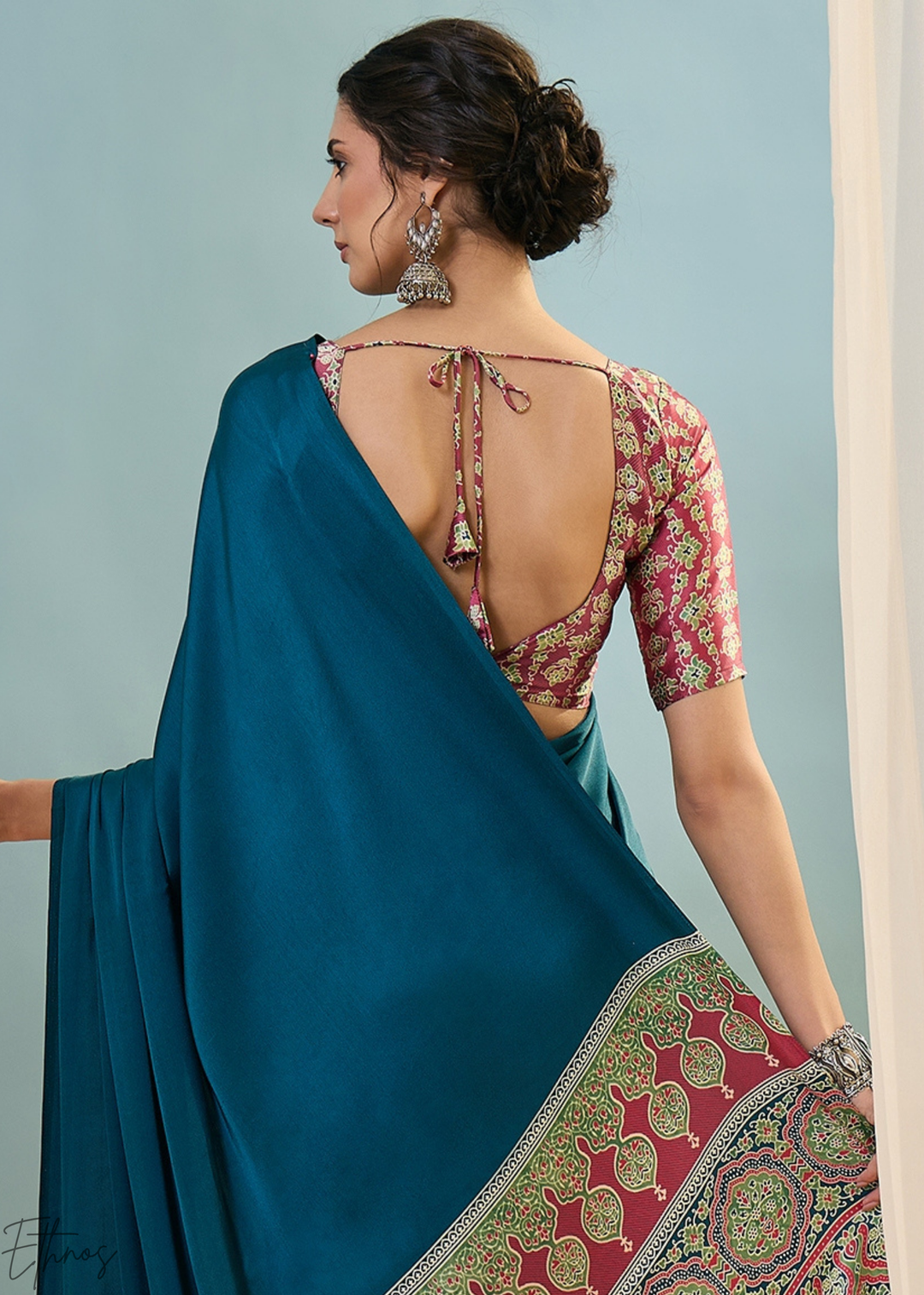 Teal Tourmaline Modal Silk Ajrakh Border Saree