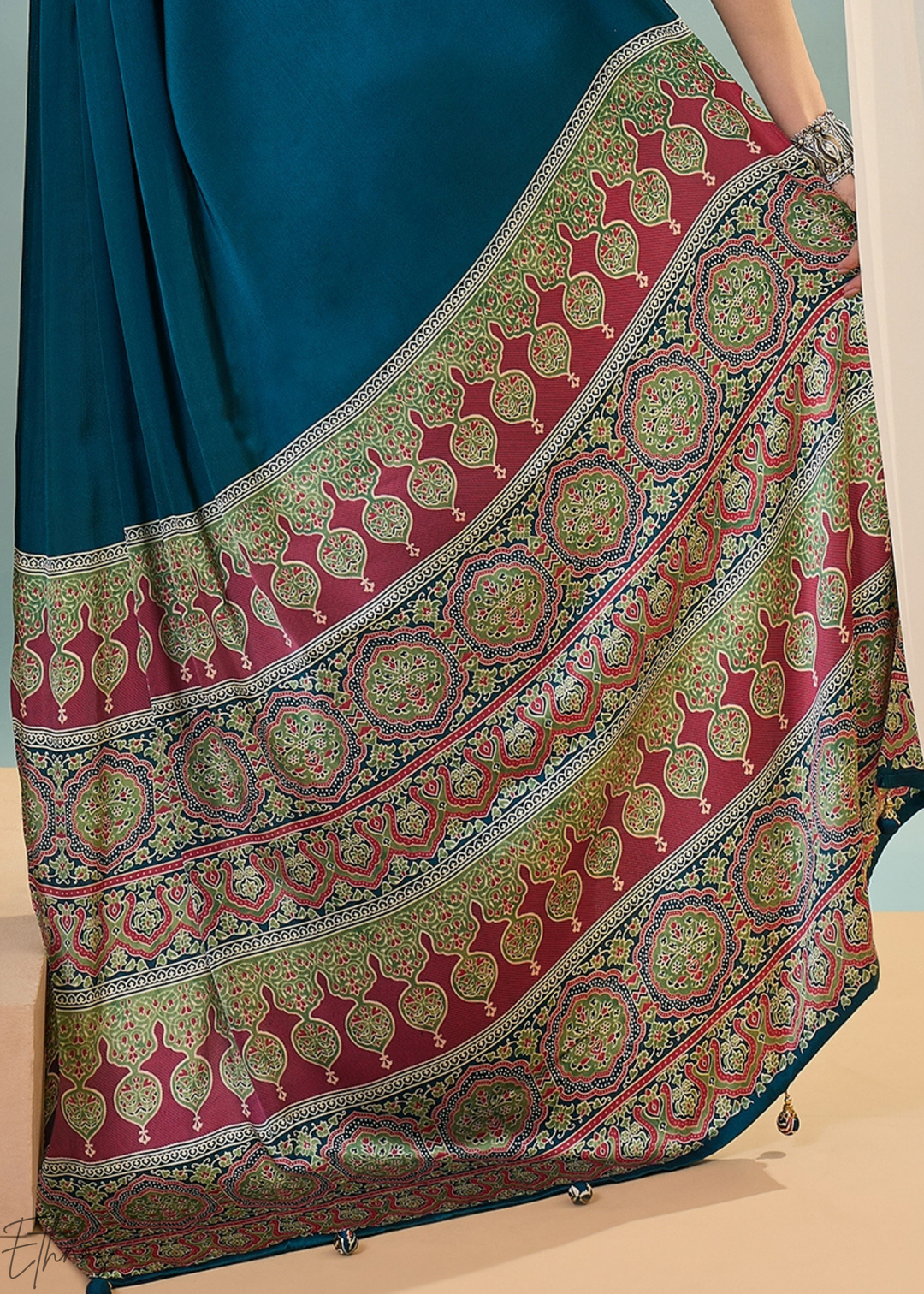 Teal Tourmaline Modal Silk Ajrakh Border Saree