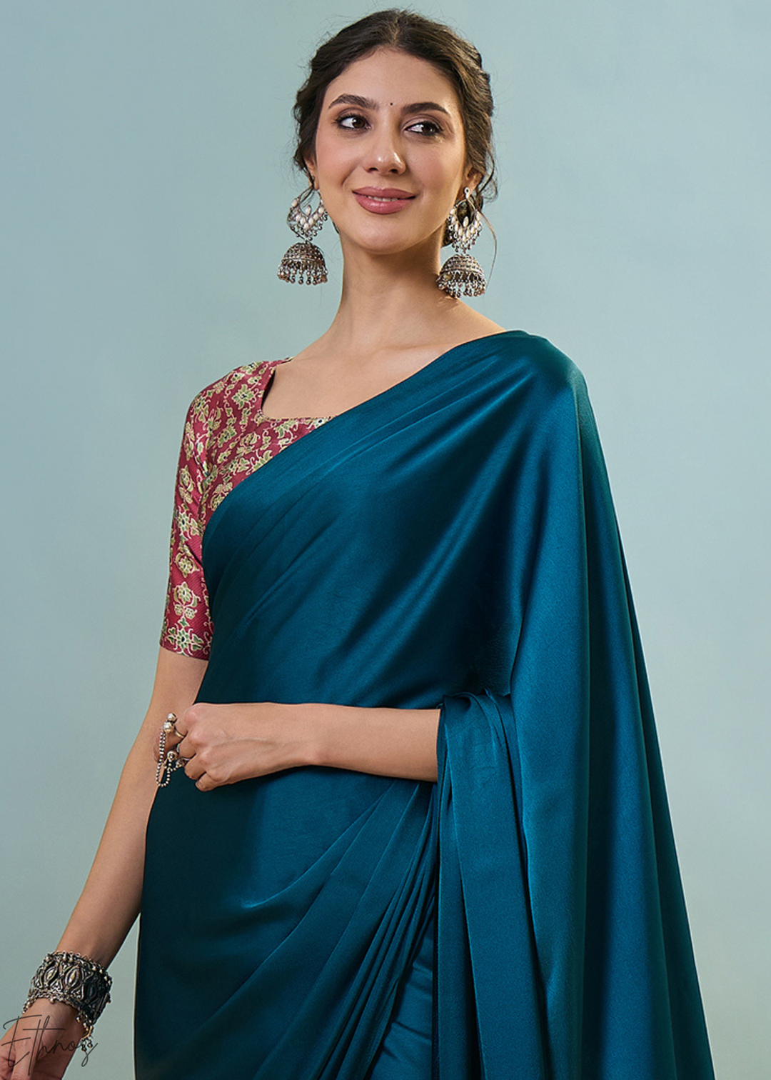 Teal Tourmaline Modal Silk Ajrakh Border Saree