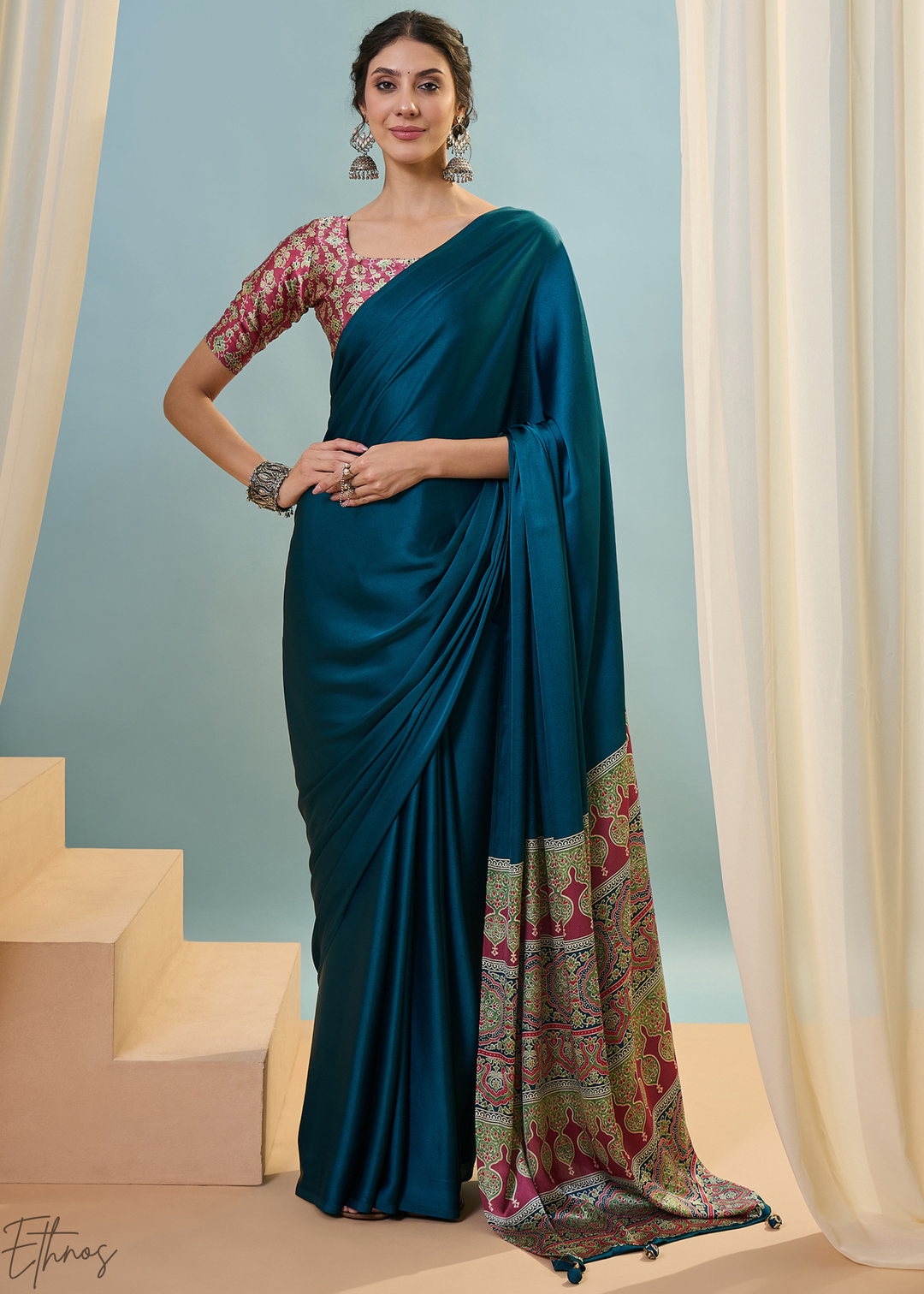 Teal Tourmaline Modal Silk Ajrakh Border Saree
