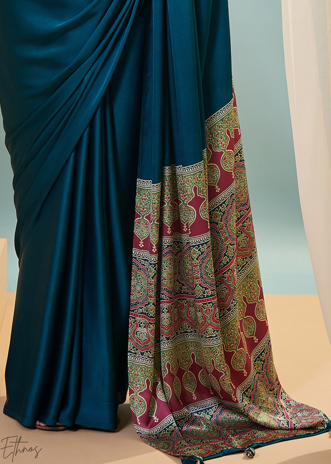 Teal Tourmaline Modal Silk Ajrakh Border Saree