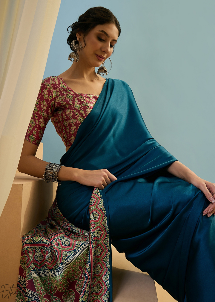 Teal Tourmaline Modal Silk Ajrakh Border Saree