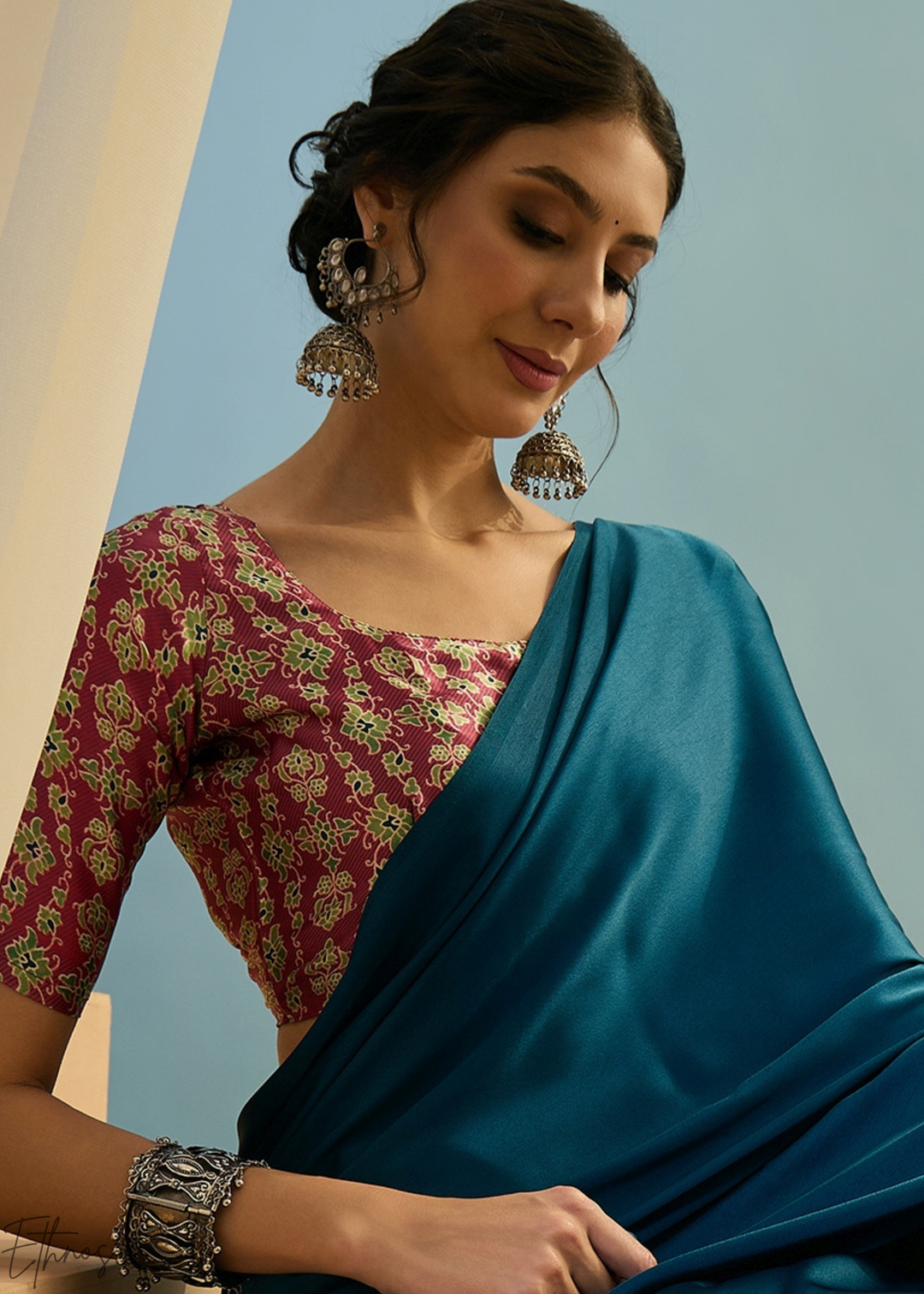 Teal Tourmaline Modal Silk Ajrakh Border Saree