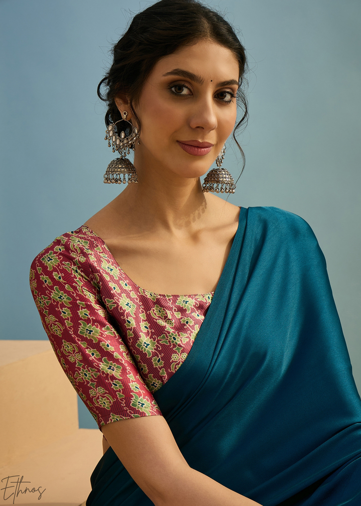 Teal Tourmaline Modal Silk Ajrakh Border Saree