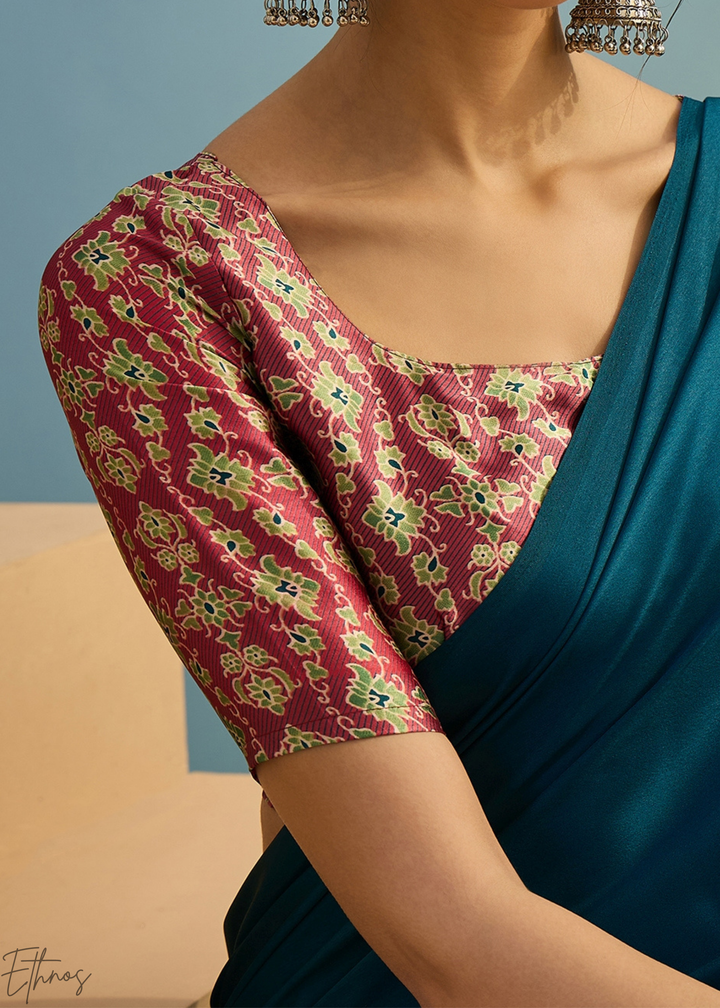 Teal Tourmaline Modal Silk Ajrakh Border Saree