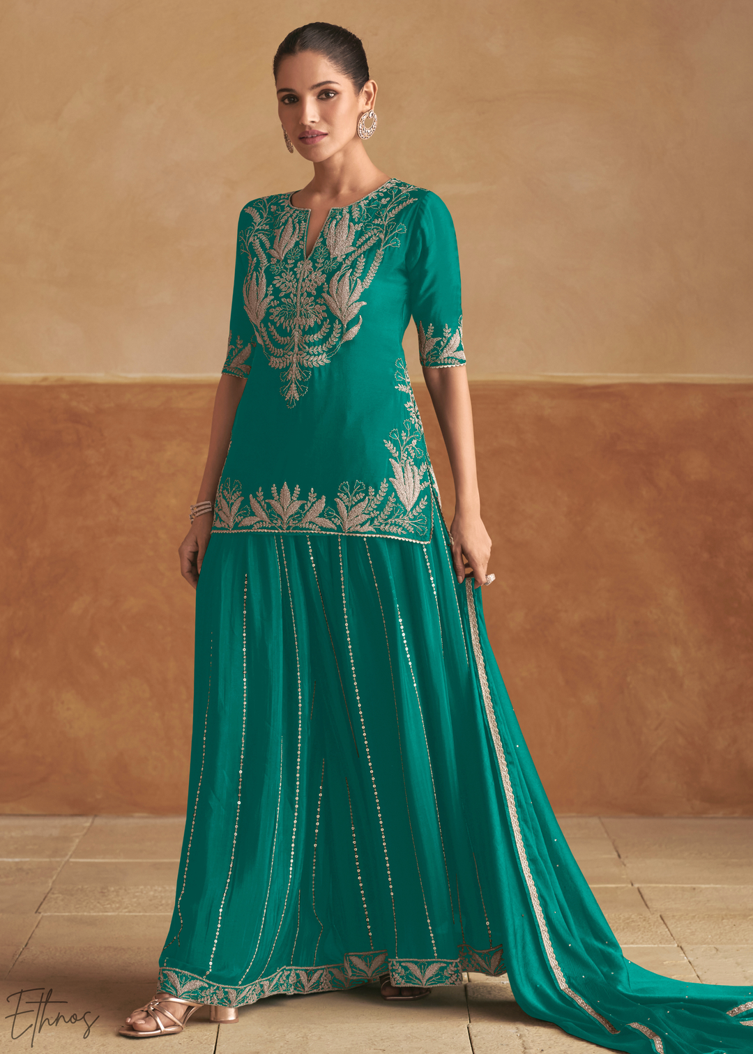 Teal Turquoise Baroque-Embroidered Chinon Sharara Suit
