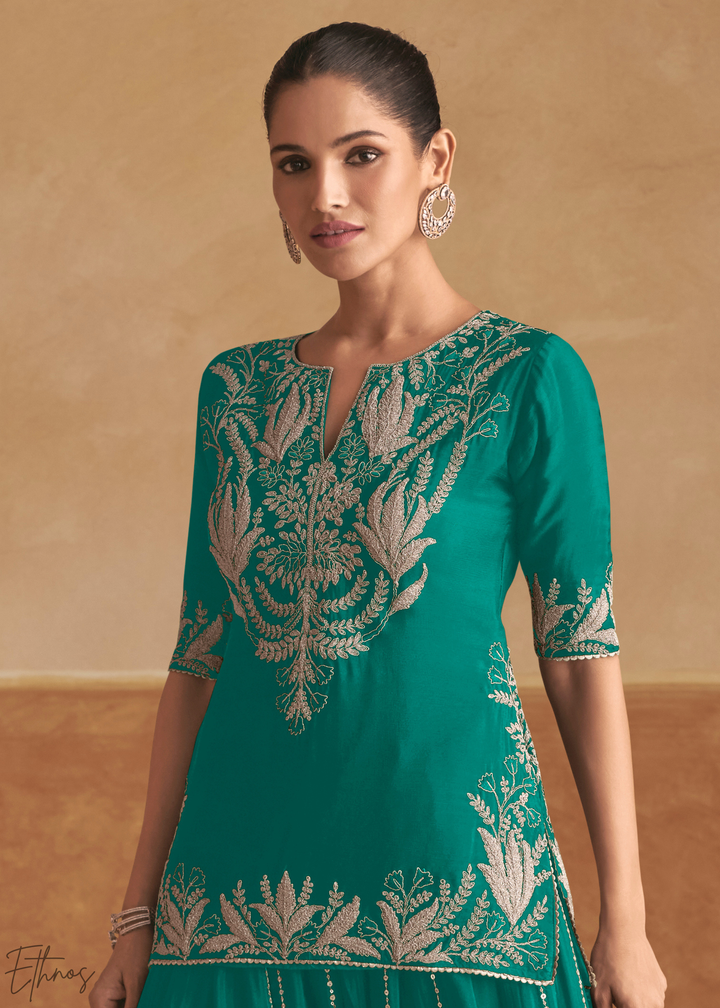 Teal Turquoise Baroque-Embroidered Chinon Sharara Suit