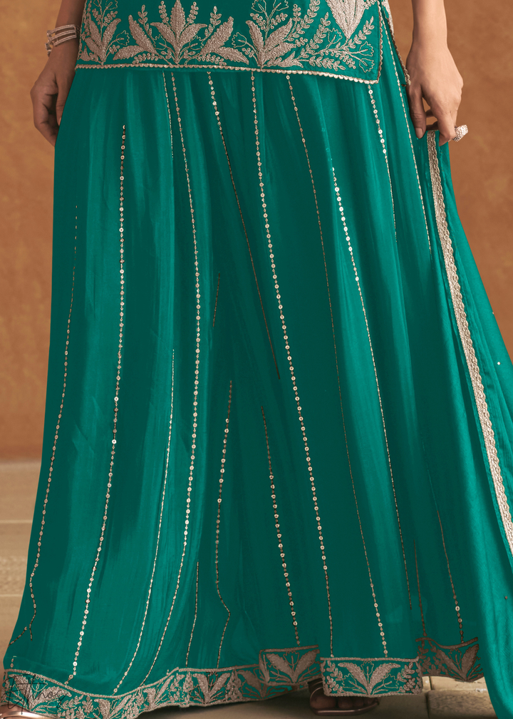 Teal Turquoise Baroque-Embroidered Chinon Sharara Suit