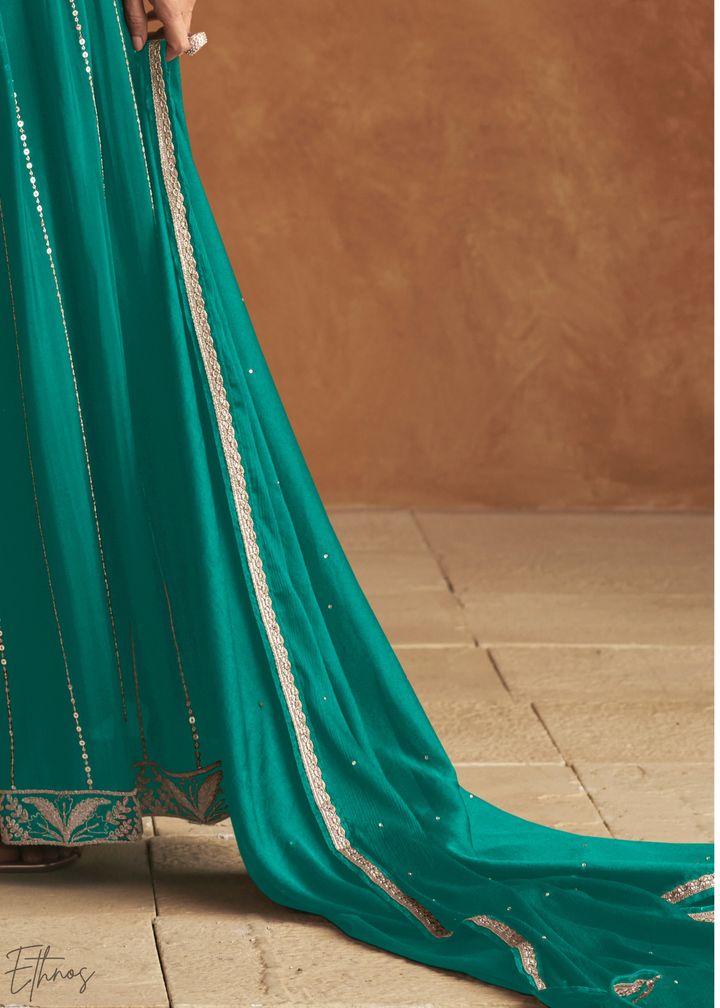 Teal Turquoise Baroque-Embroidered Chinon Sharara Suit